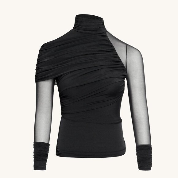 JW PEI Tops - Sheer Mesh Ruched Turtleneck Top - Black